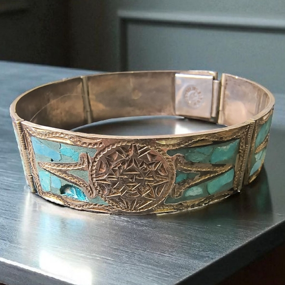 Jewelry - Vintage Mexico Sterling Silver & Crushed Turquoise Inca/Mayan Panel Bracelet